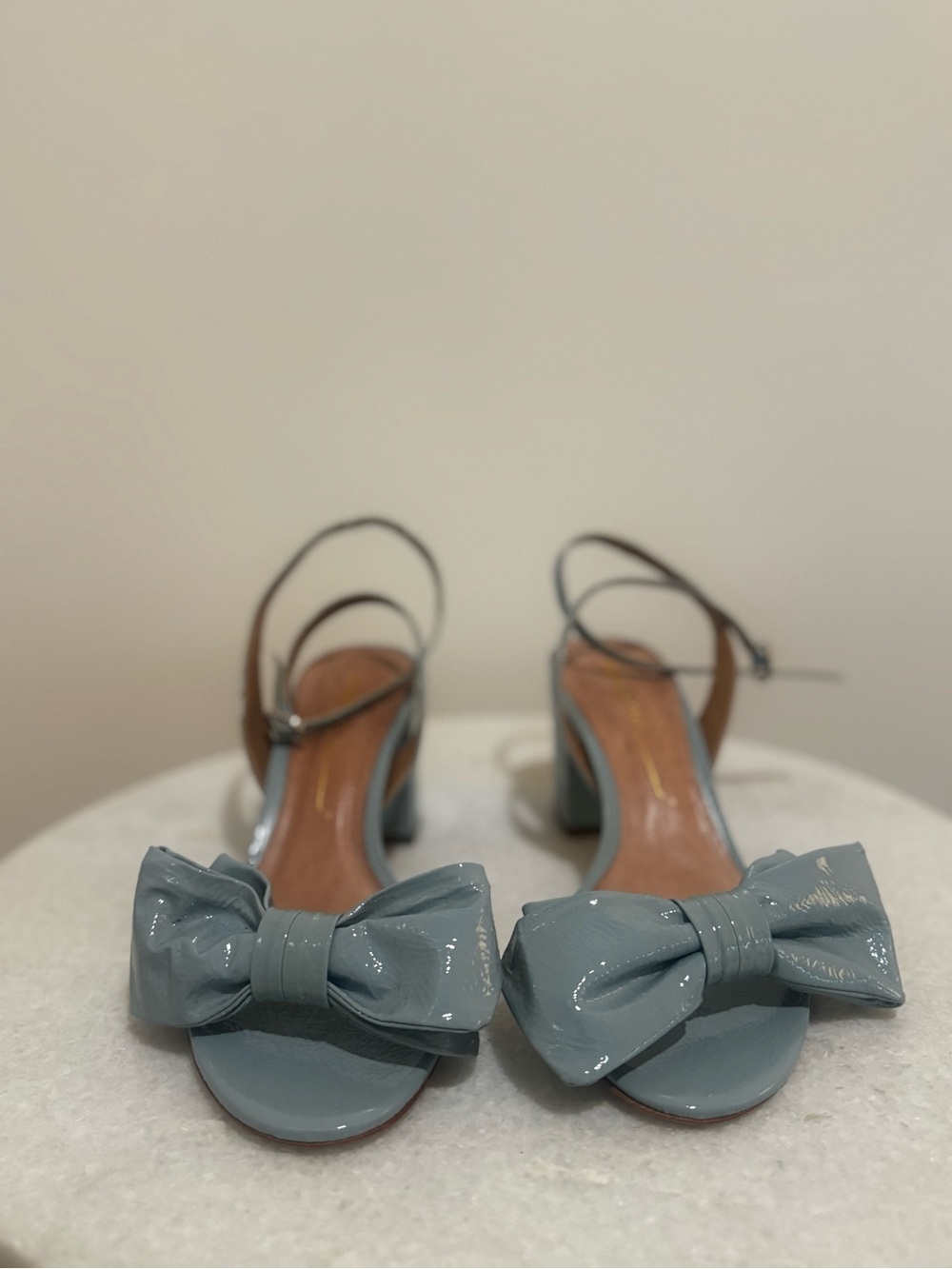 INTENTIONALLY BLANK Blue Patent Bow Block Heel Sandals